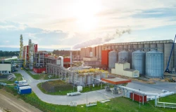 a large grain plant, with silos, equipment, and fences, as seen from the distance.