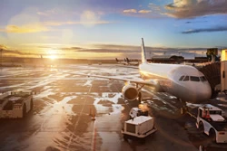 An aircraft parked at a gate surrounded by airport ground support equipment. The tarmac is slightly wet and the sun is setting in the background.