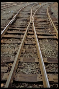 A set of railroad tracks from above, up close